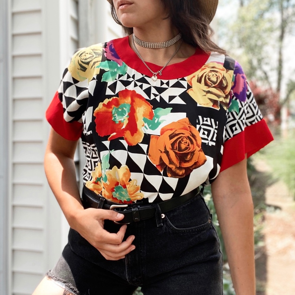 Vintage Escada 100% Silk Floral Geometric Top